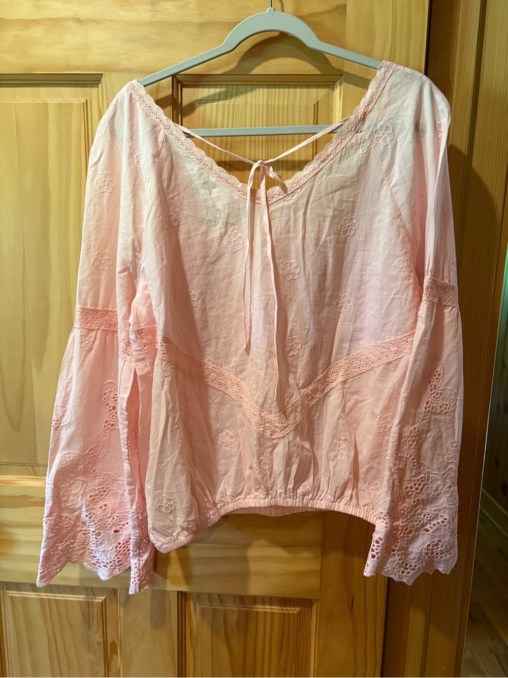 Venus Blush Pink Crochet Lace-Trim Peasant Blouse women’s L